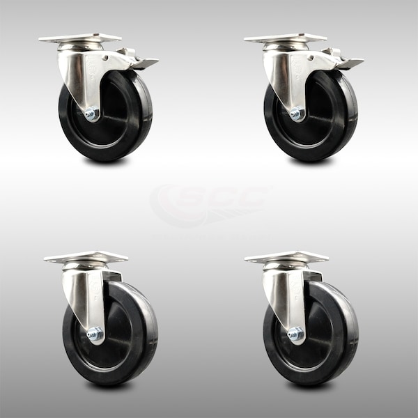 5 Inch 316SS Hard Rubber Wheel Swivel Top Plate Caster Lock Brakes SCC, 2PK